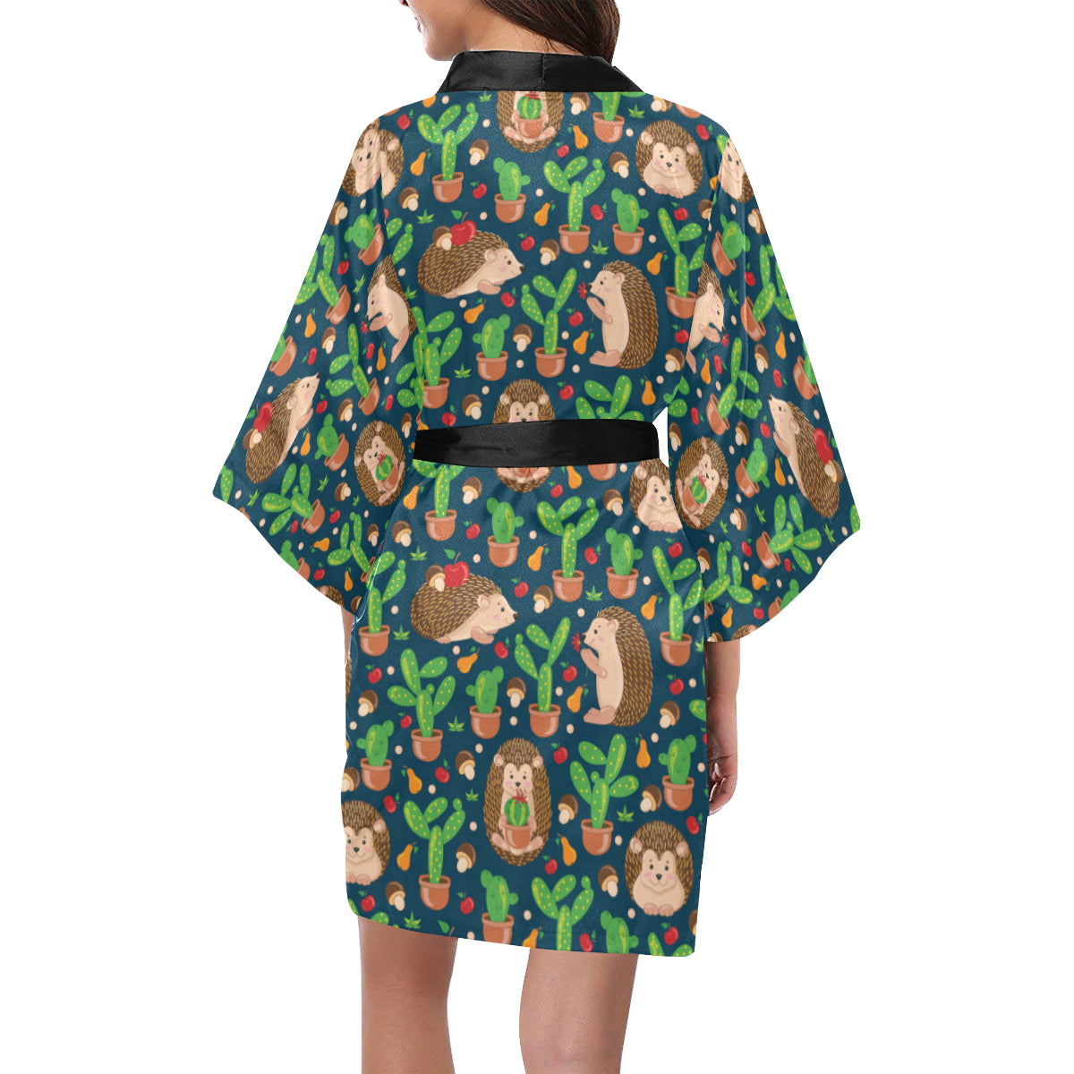 Hedgehog Cactus Pattern Print Design 04 Women's Short Kimono