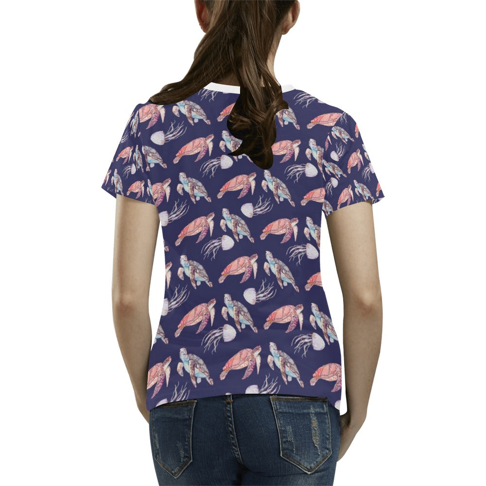 Sea Turtle With Jelly Fish Print Design LKS301 Women's T-shirt