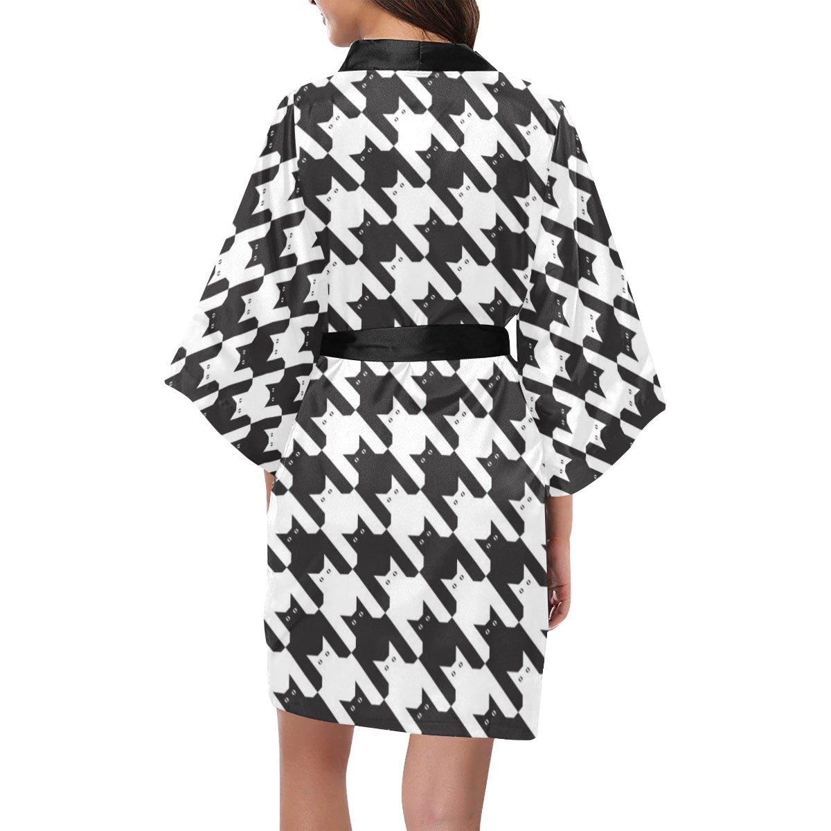 Cat HoundstoothPattern Print Design 01 Women's Short Kimono