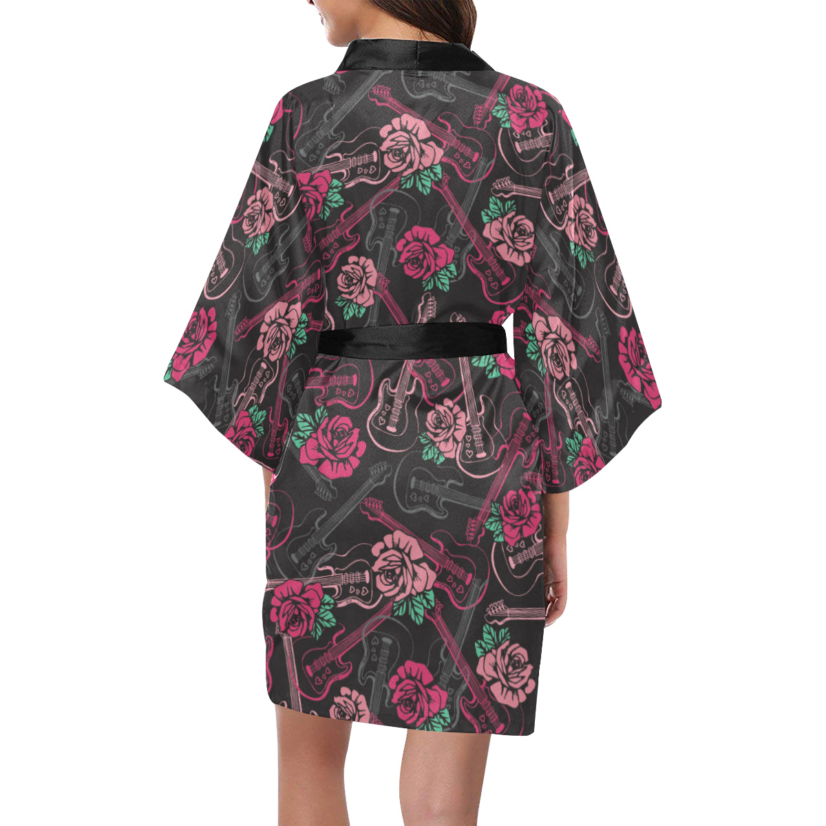 Bass Guitar Pink Rose Pattern Print Design 01 Women's Short Kimono