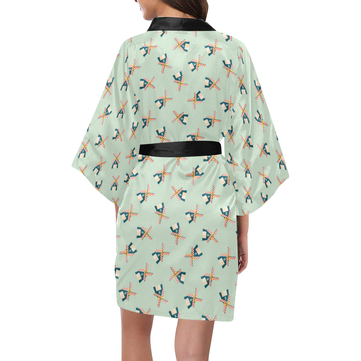 Windmill Pattern Print Design 02 Women's Short Kimono