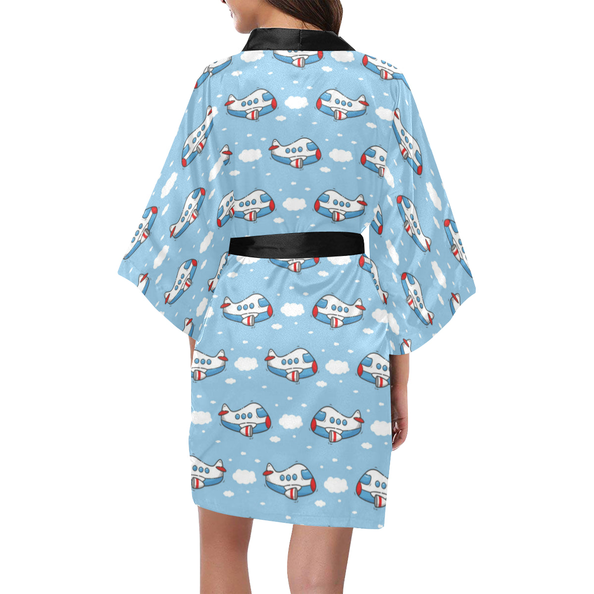 Airplane Cartoon Pattern Print Design 07 Women's Short Kimono
