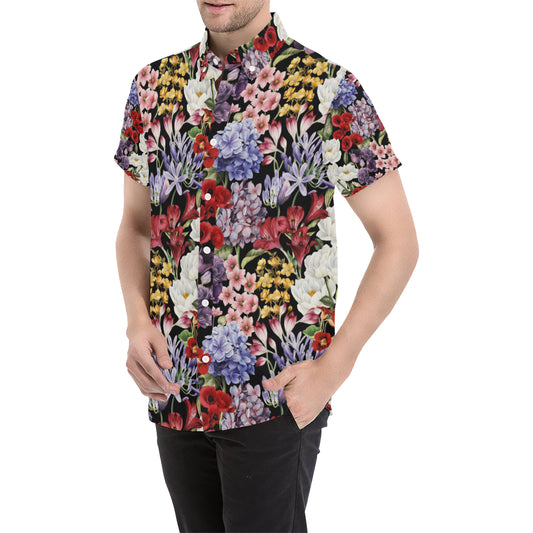 Summer Floral Pattern Print Design SF04 Men's Short Sleeve Button Up Shirt