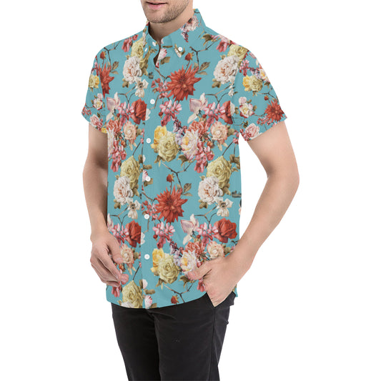 Summer Floral Pattern Print Design SF05 Men's Short Sleeve Button Up Shirt