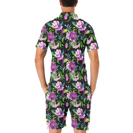 Bright Purple Floral Pattern Men's Romper
