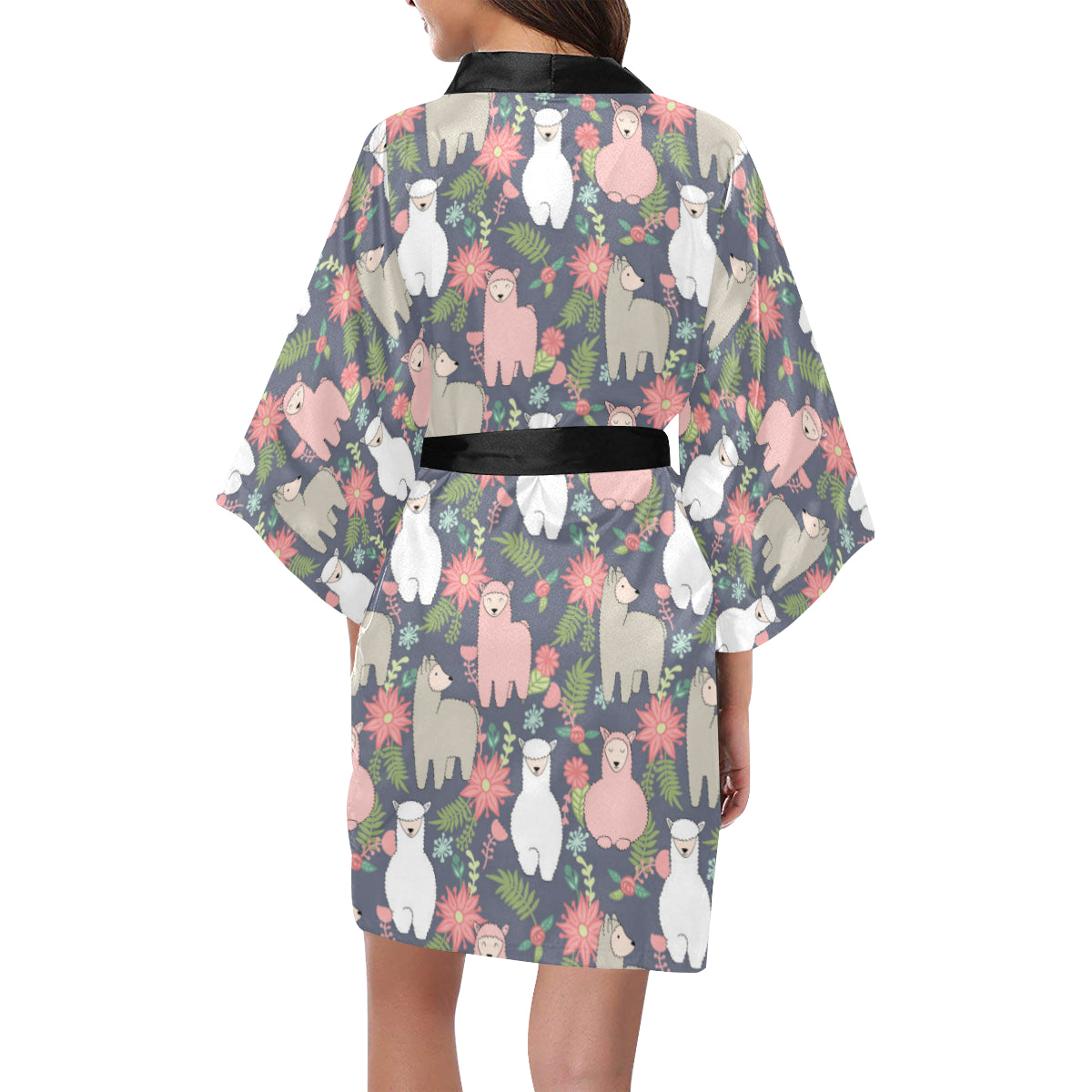 Alpaca Pattern Print Design 03 Women's Short Kimono