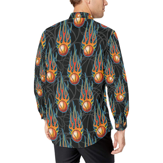 Basketball Fire Print Pattern Men's Long Sleeve Shirt