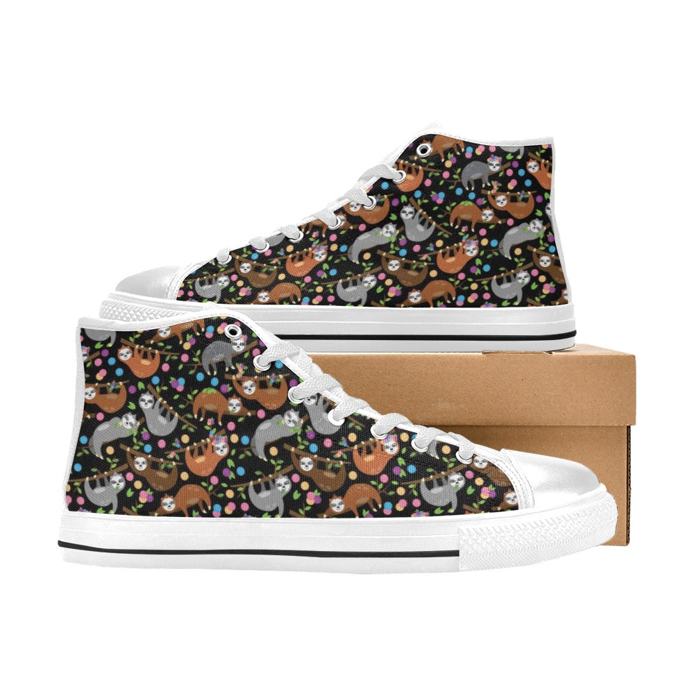 Sloth Print Design LKS306 High Top Women's White Shoes