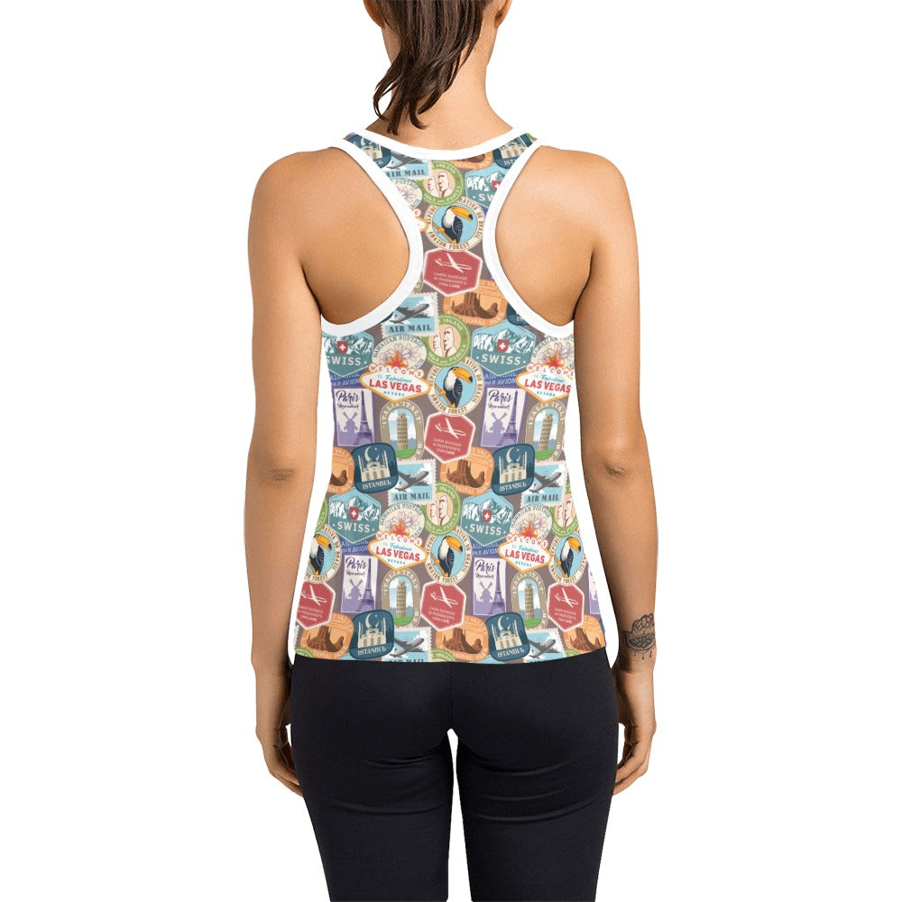 Travel Stamp Print Design LKS301 Women's Racerback Tank Top