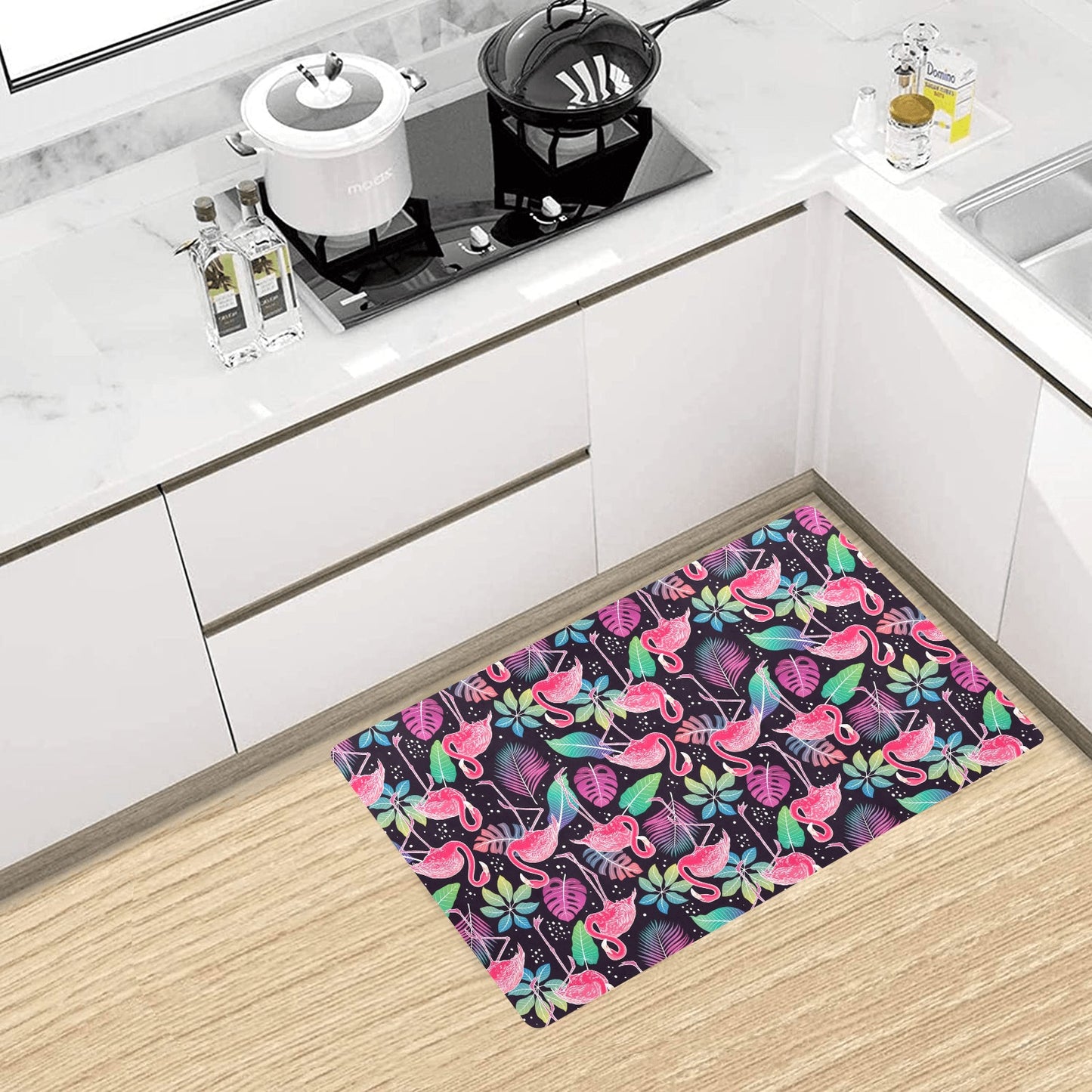 Flamingo Tropical leaves Neon Print Kitchen Mat