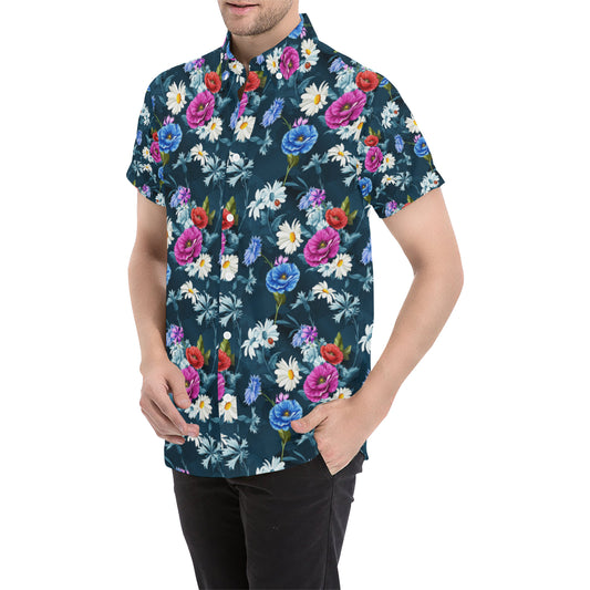 Floral Blue Themed Print Men's Short Sleeve Button Up Shirt
