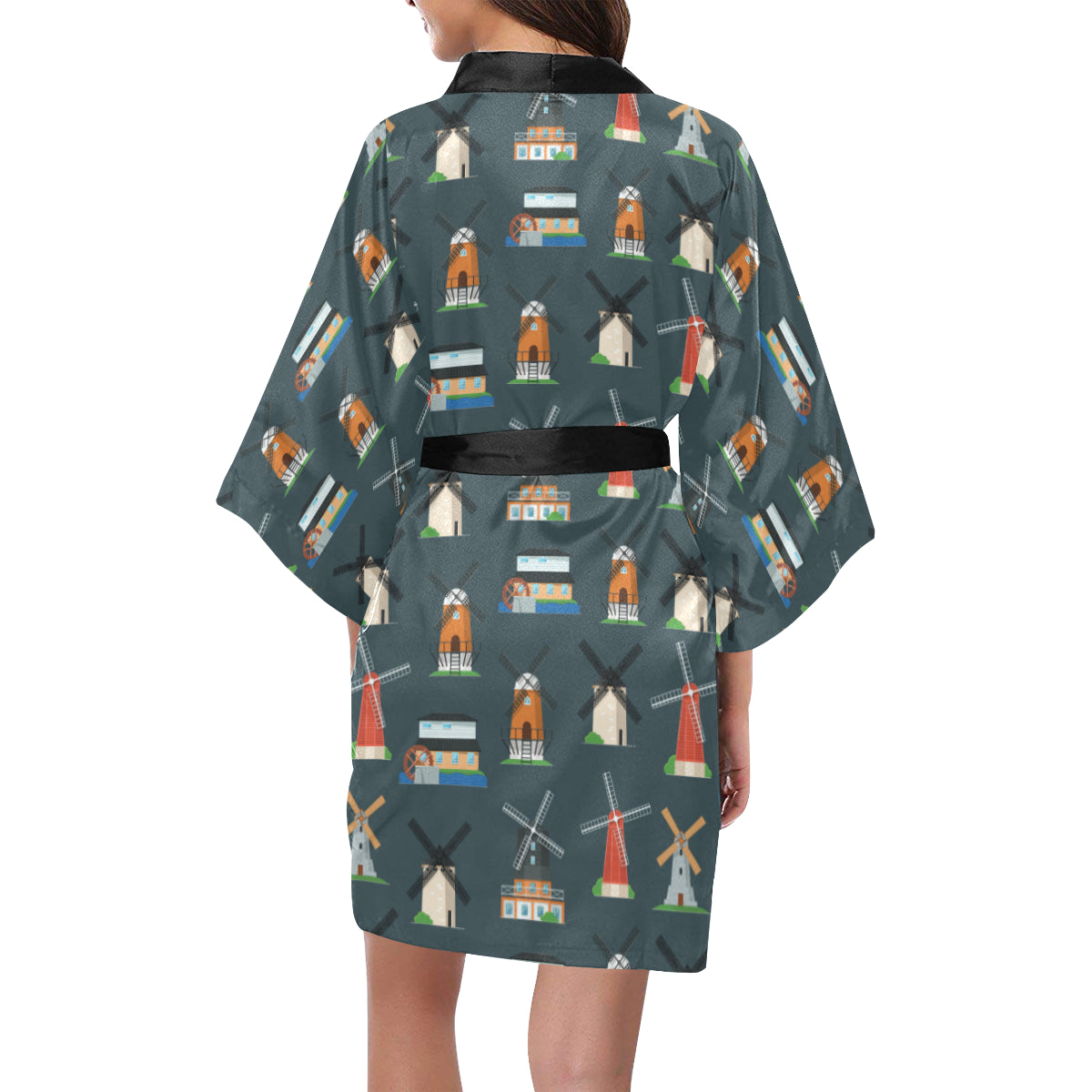 Windmill Pattern Print Design 04 Women's Short Kimono