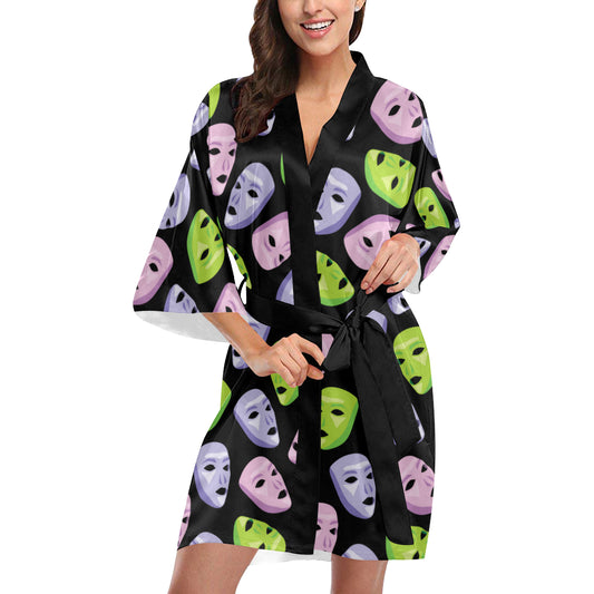 Acting Mask Pattern Print Design 04 Women's Short Kimono