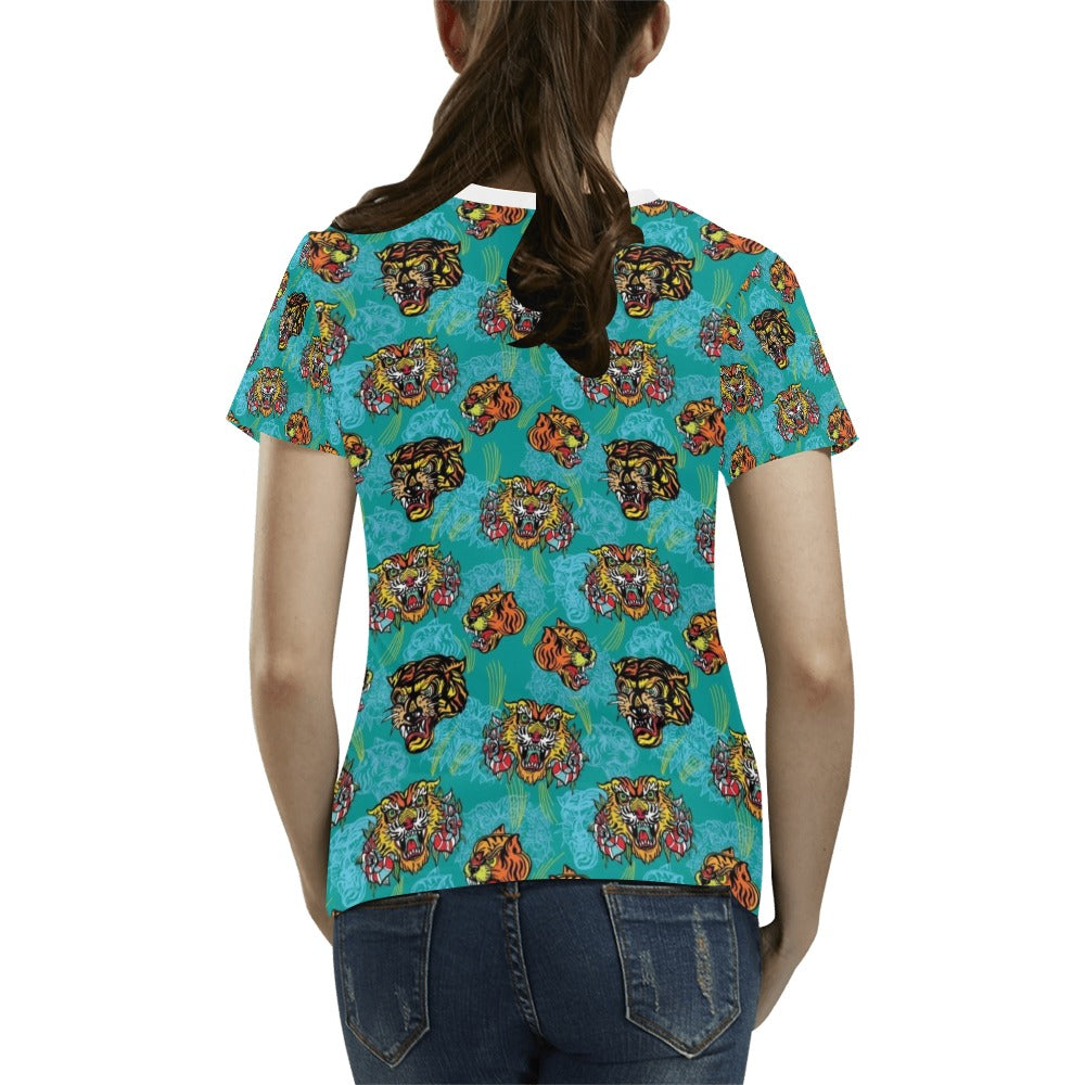 Tattoo Tiger Head Print Design LKS304 Women's T-shirt