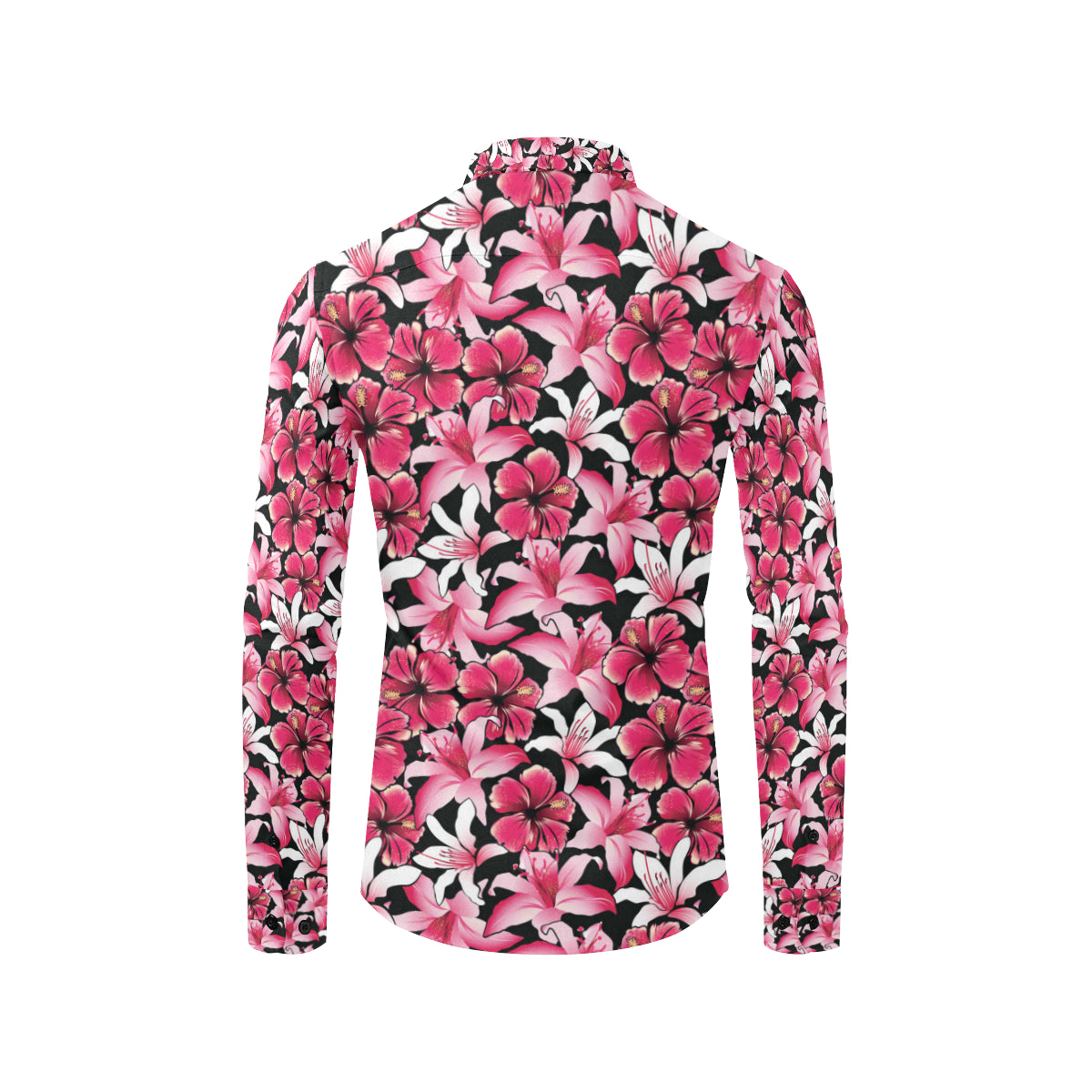 Flower Hawaiian Pink Red Hibiscus Print Men's Long Sleeve Shirt