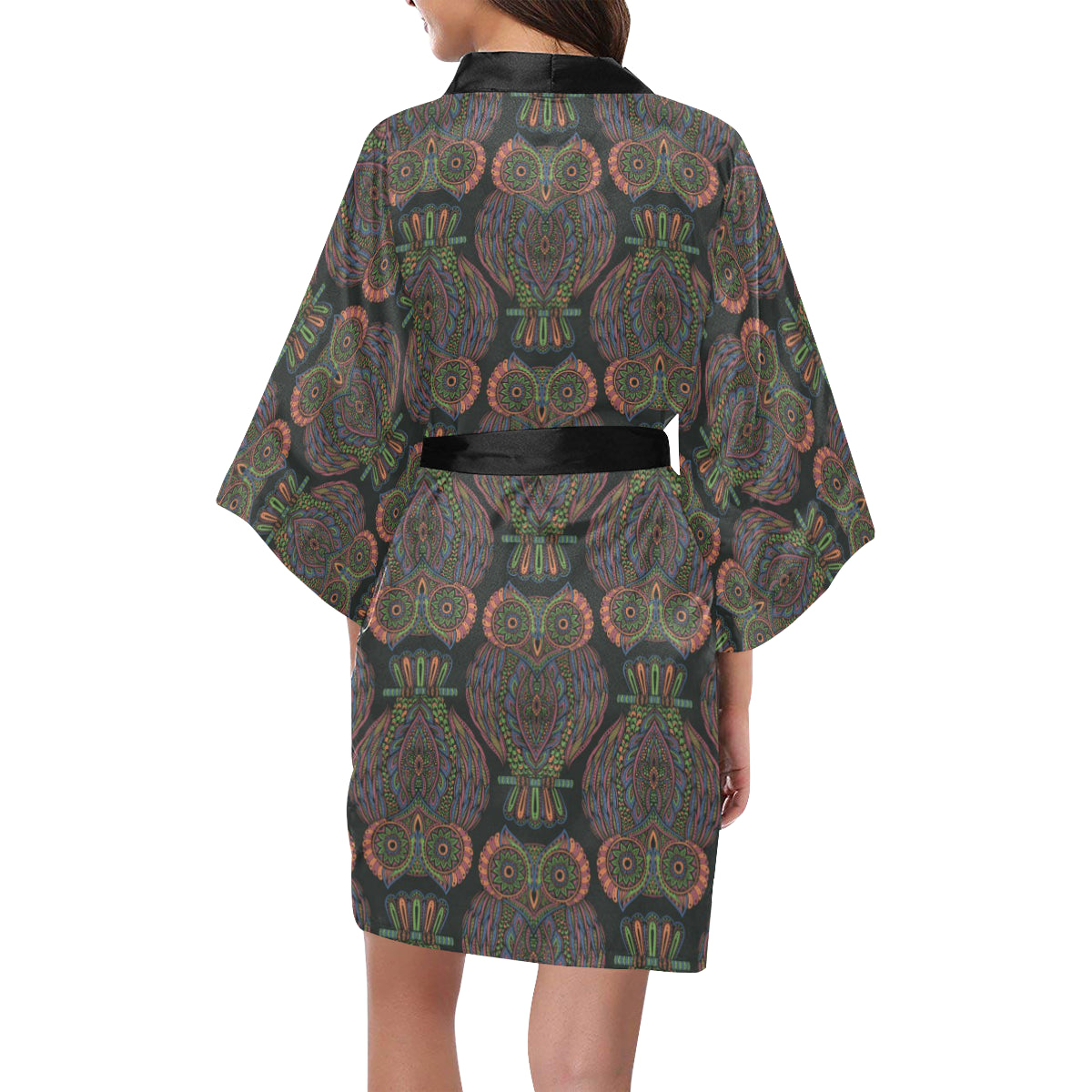 Owl Pattern Print Design A05 Women's Short Kimono
