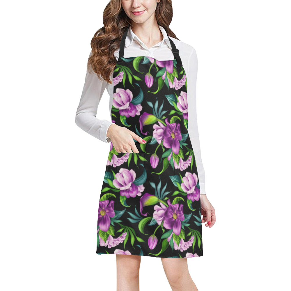 Bright Purple Floral Pattern Apron with Pocket