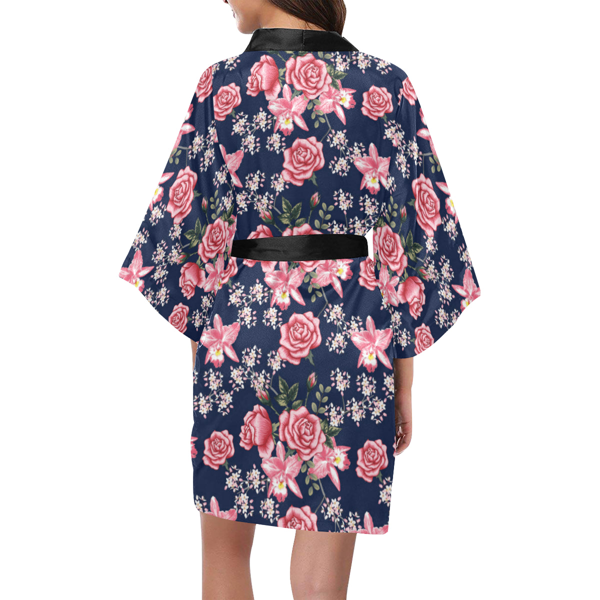 Rose Pattern Print Design A05 Women's Short Kimono