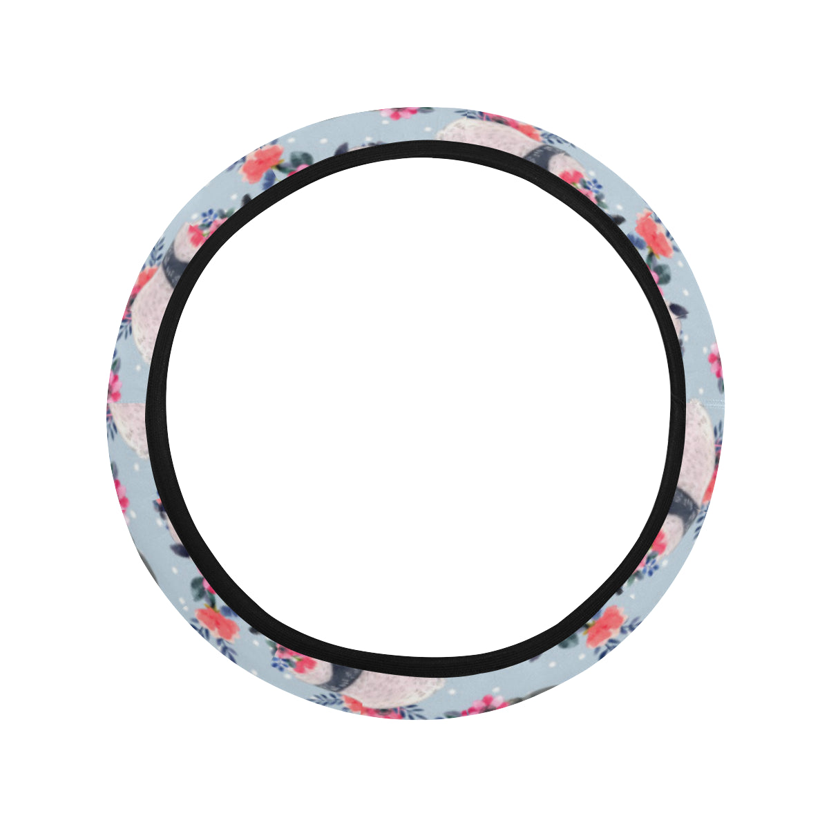 Panda Bear Flower Design Themed Print Steering Wheel Cover with Elastic Edge