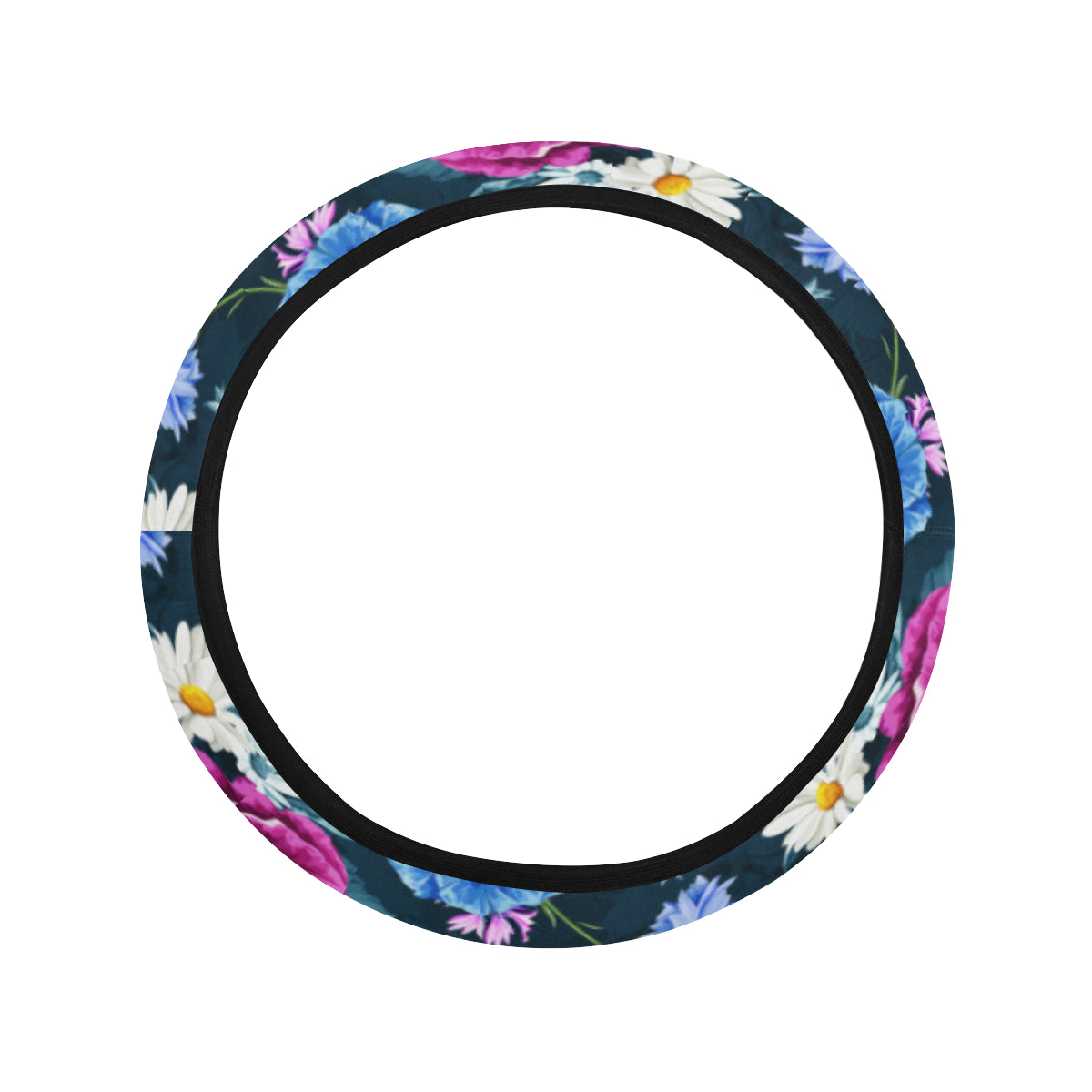 Floral Blue Themed Print Steering Wheel Cover with Elastic Edge