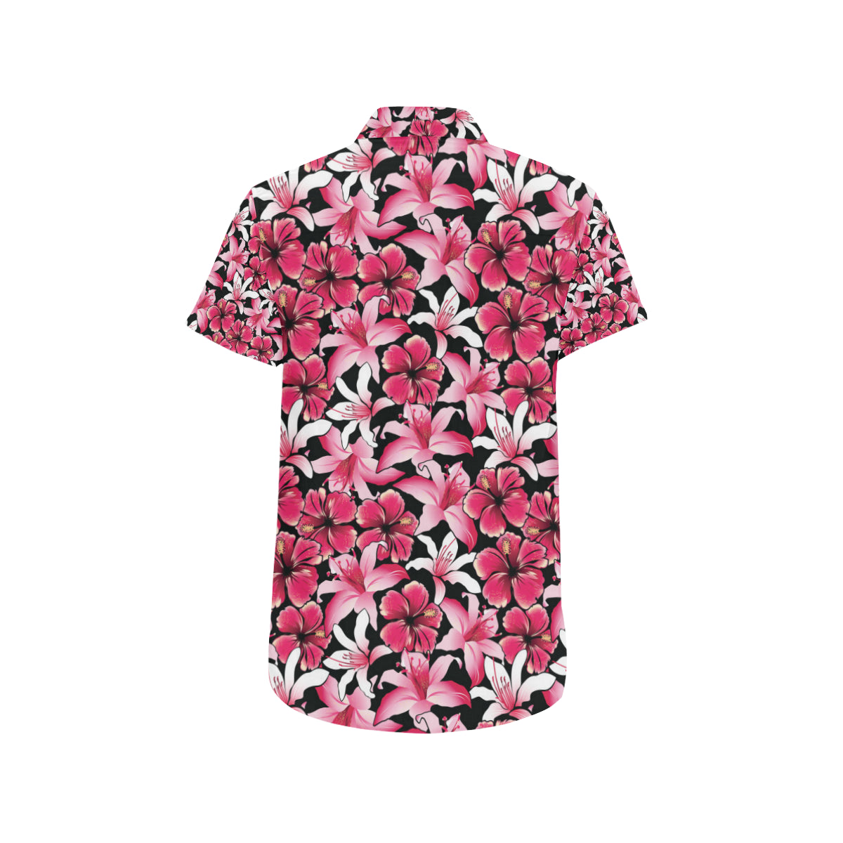 Flower Hawaiian Pink Red Hibiscus Print Men's Short Sleeve Button Up Shirt