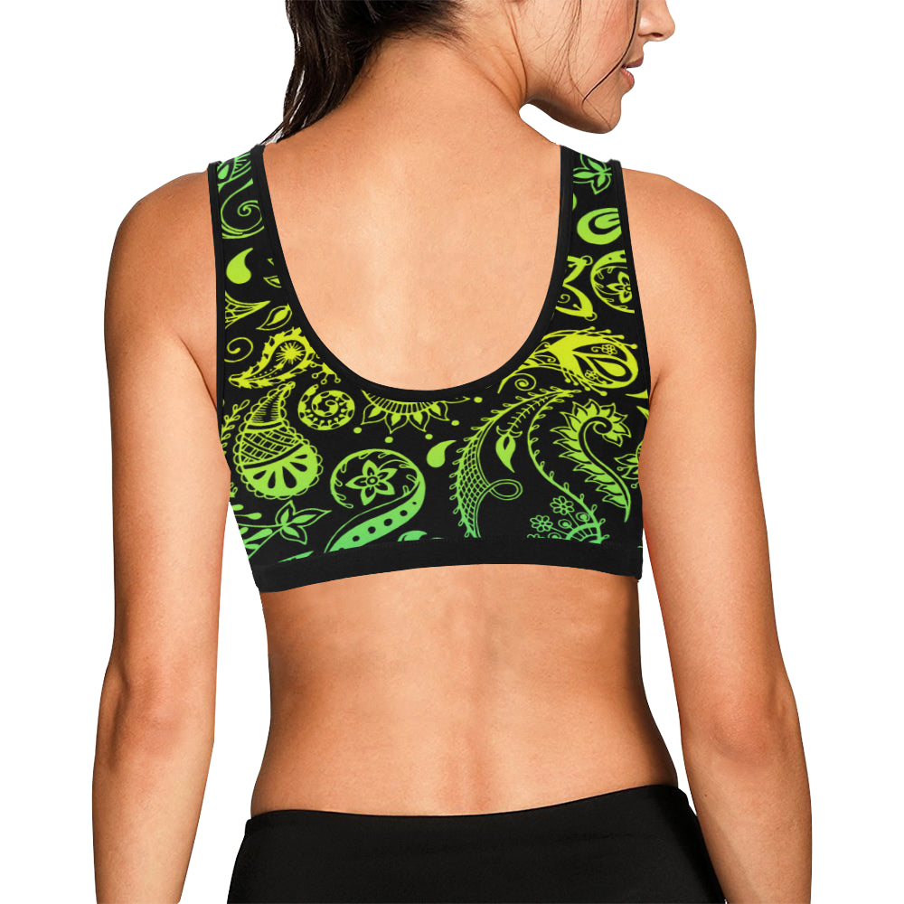 Paisley Green Design Print Sports Bra
