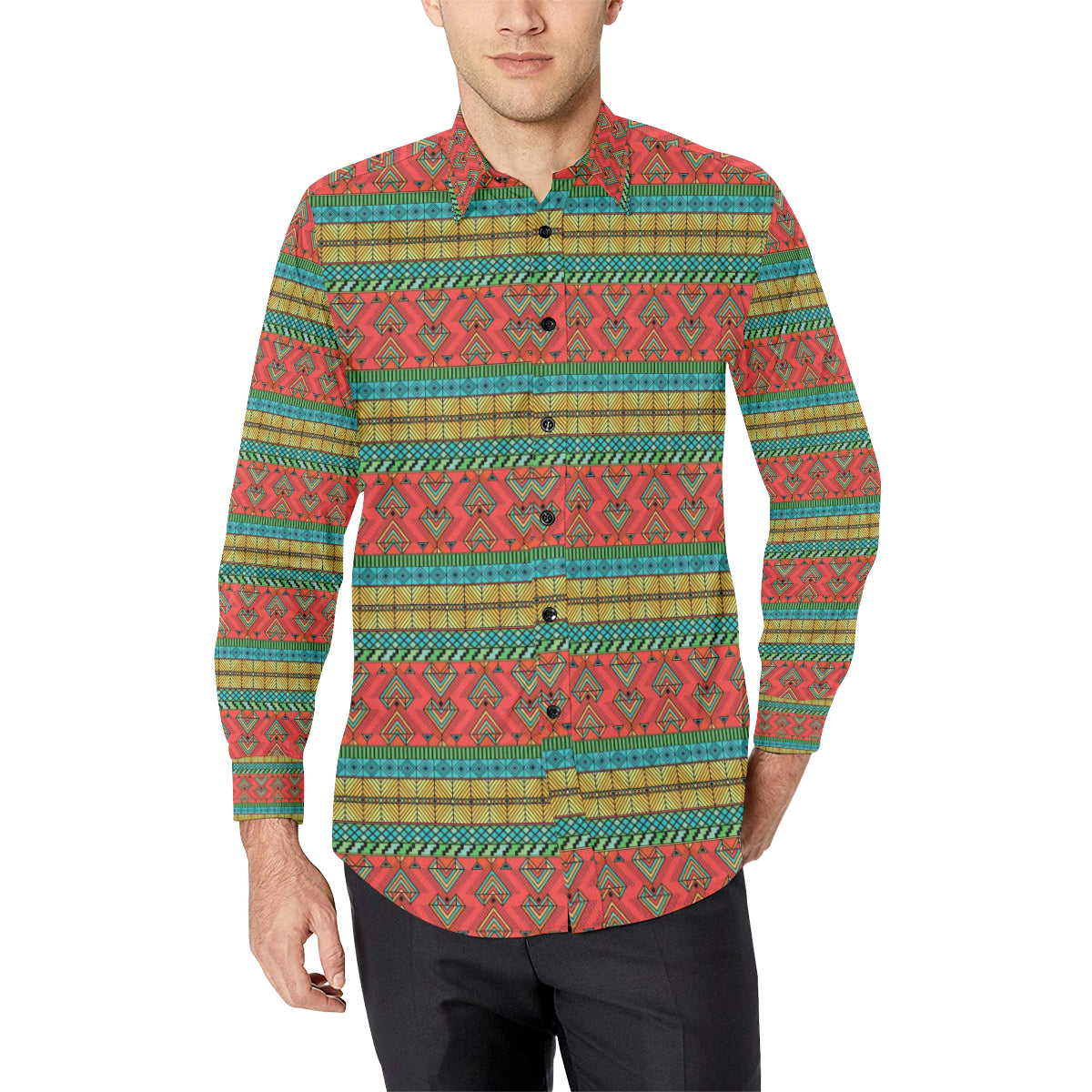 African Colorful Zigzag Print Pattern Men's Long Sleeve Shirt