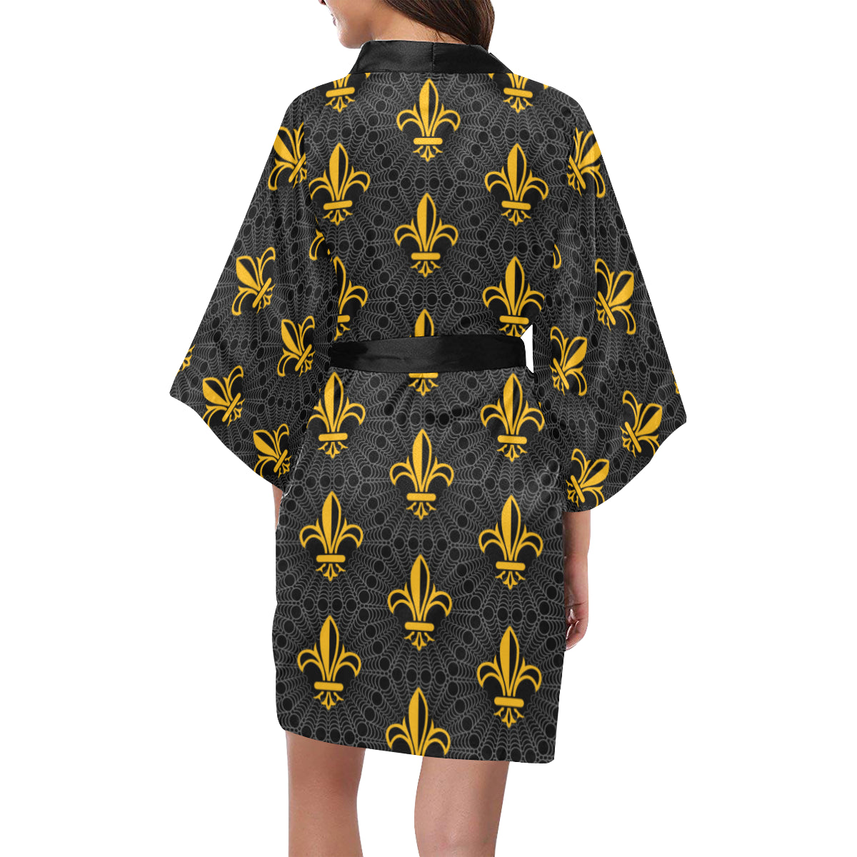Fleur De Lis Gold Pattern Print Design 01 Women's Short Kimono