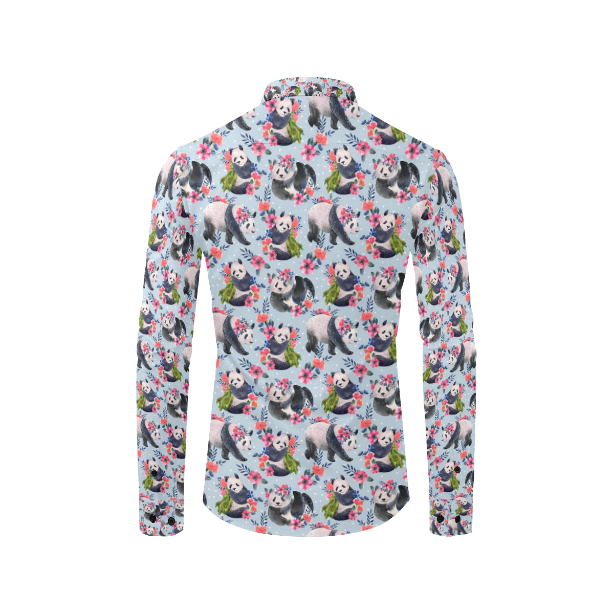 Panda Bear Flower Design Themed Print Men's Long Sleeve Shirt