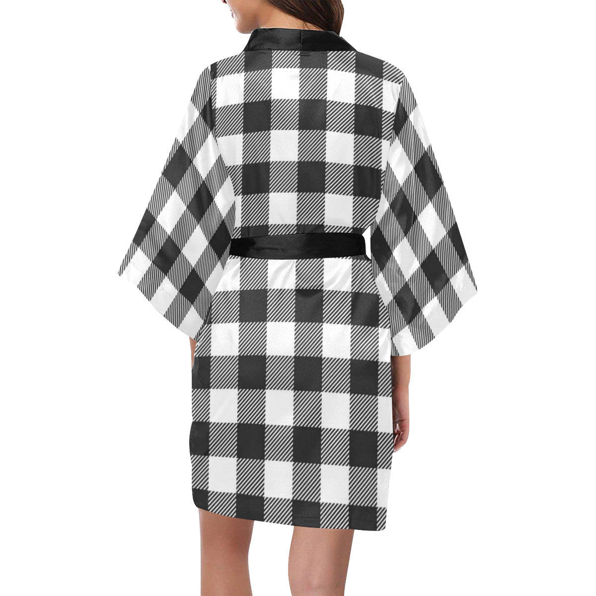 Buffalo check Black white Pattern Print Design 04 Women's Short Kimono