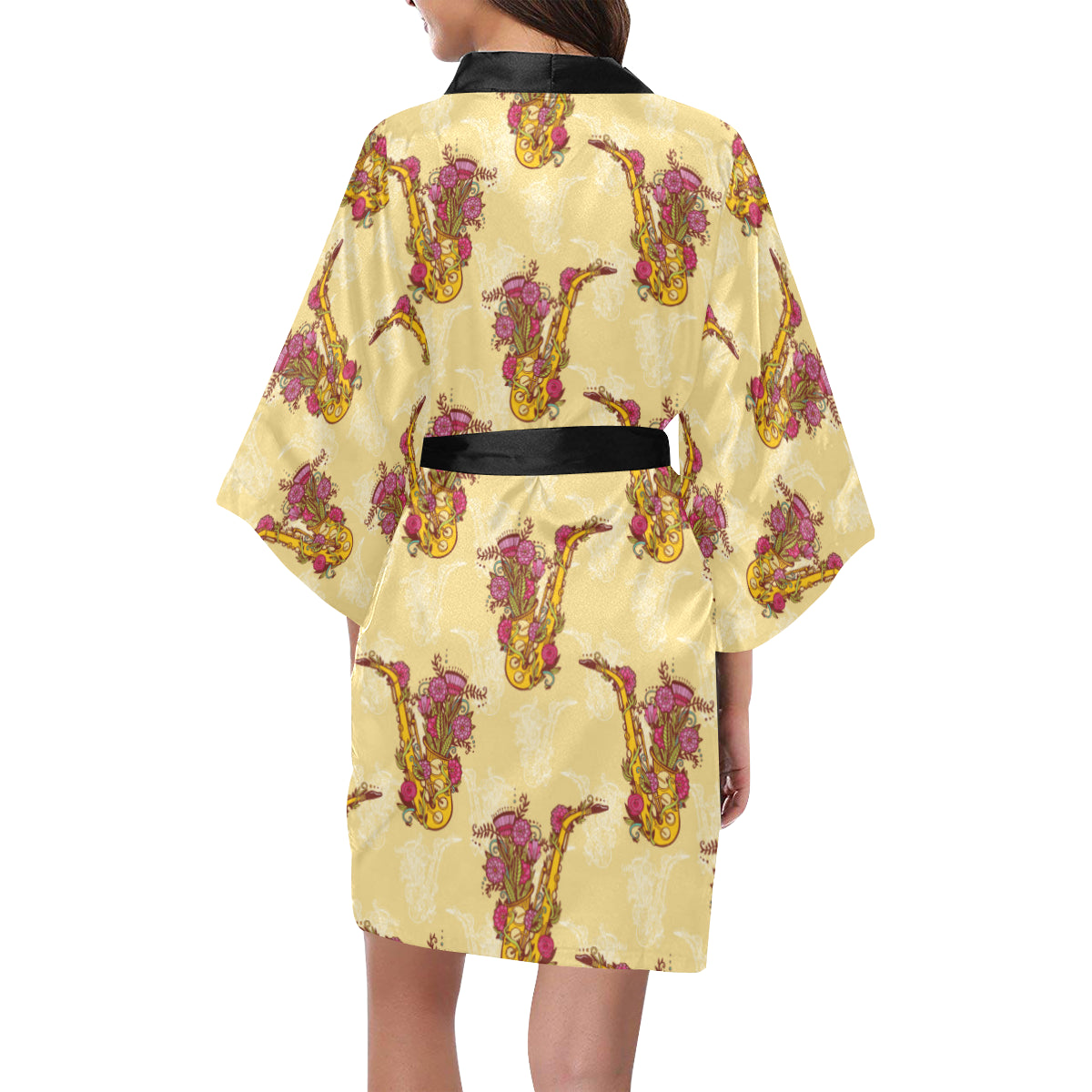 Saxophone Pattern Print Design 04 Women's Short Kimono