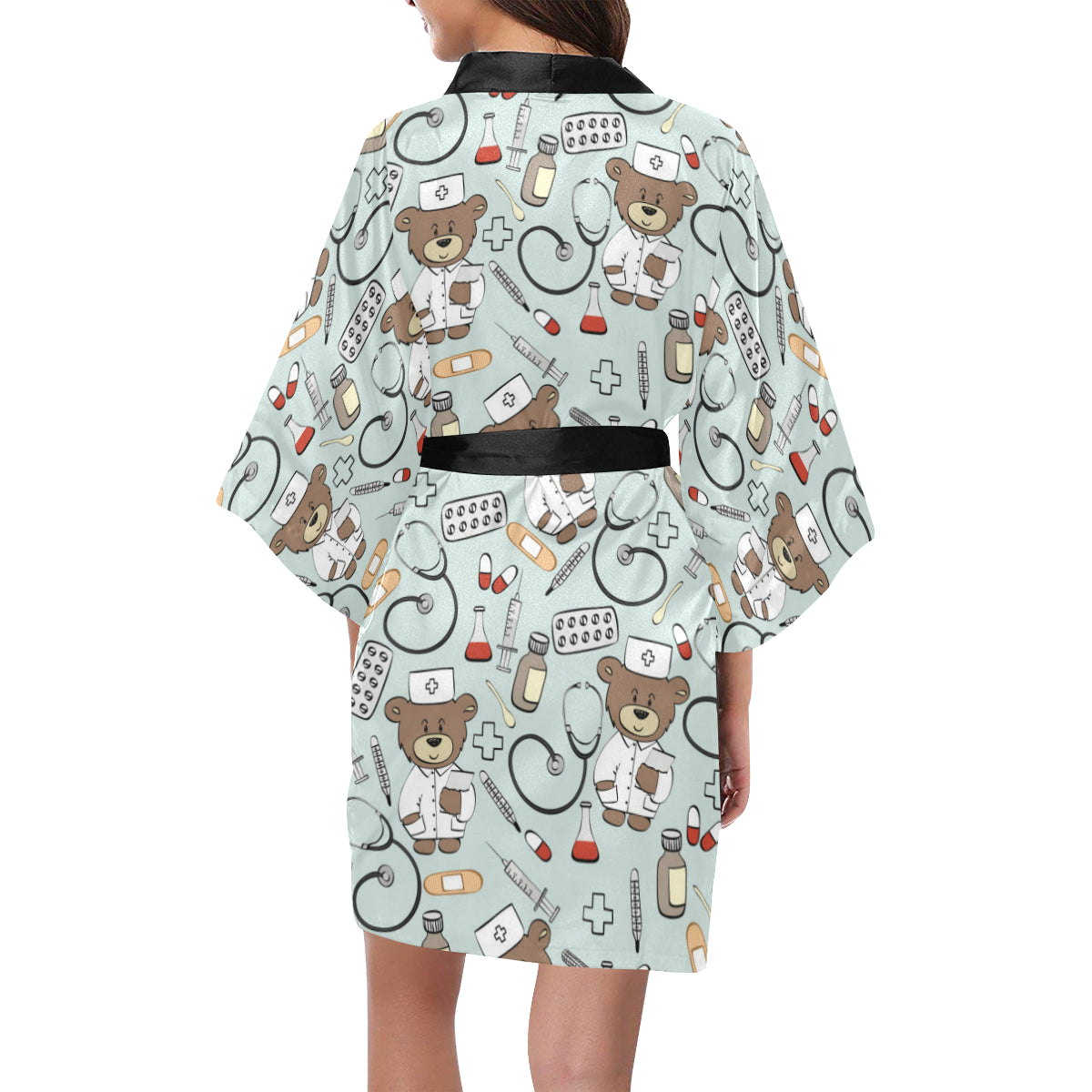 Nurse Bear Pattern Print Design A01 Women's Short Kimono