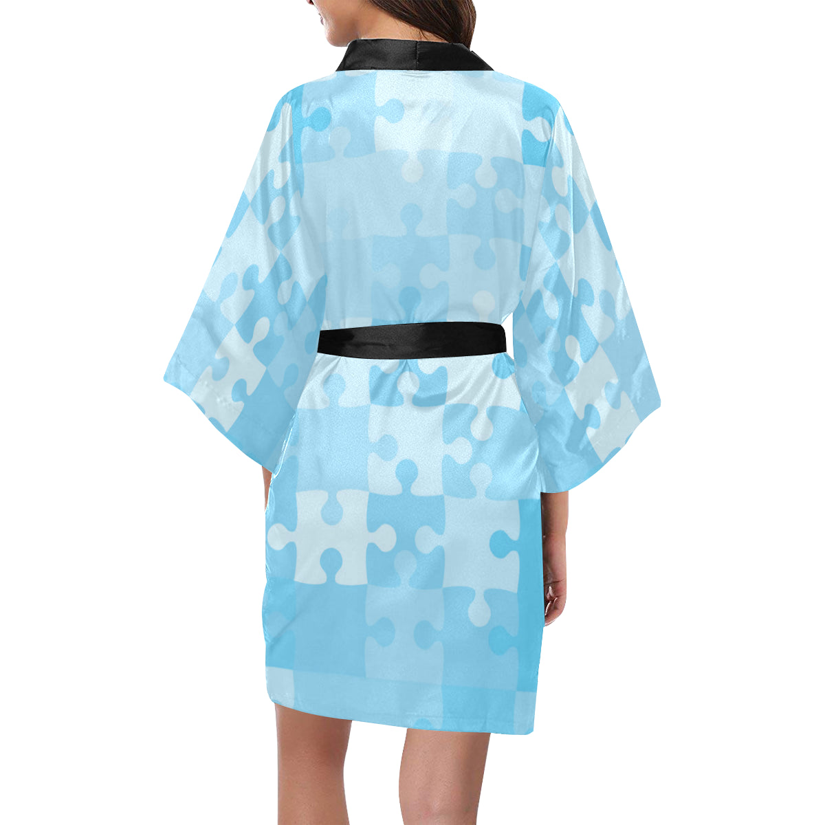 Puzzle Blue Pattern Print Design A04 Women's Short Kimono