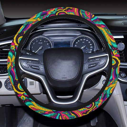 Psychedelic Trippy Floral Design Steering Wheel Cover with Elastic Edge