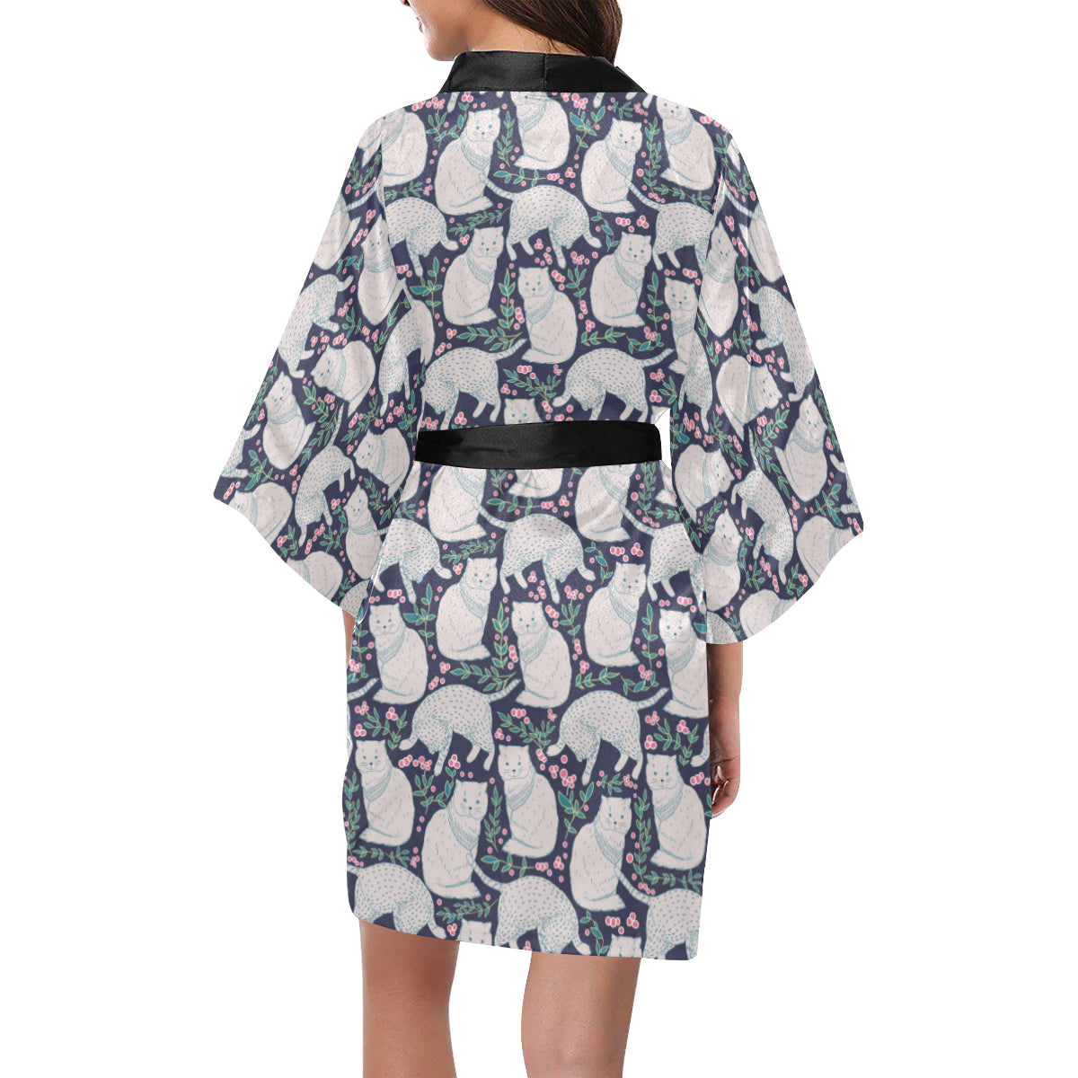Cat Pattern Print Design 06 Women's Short Kimono