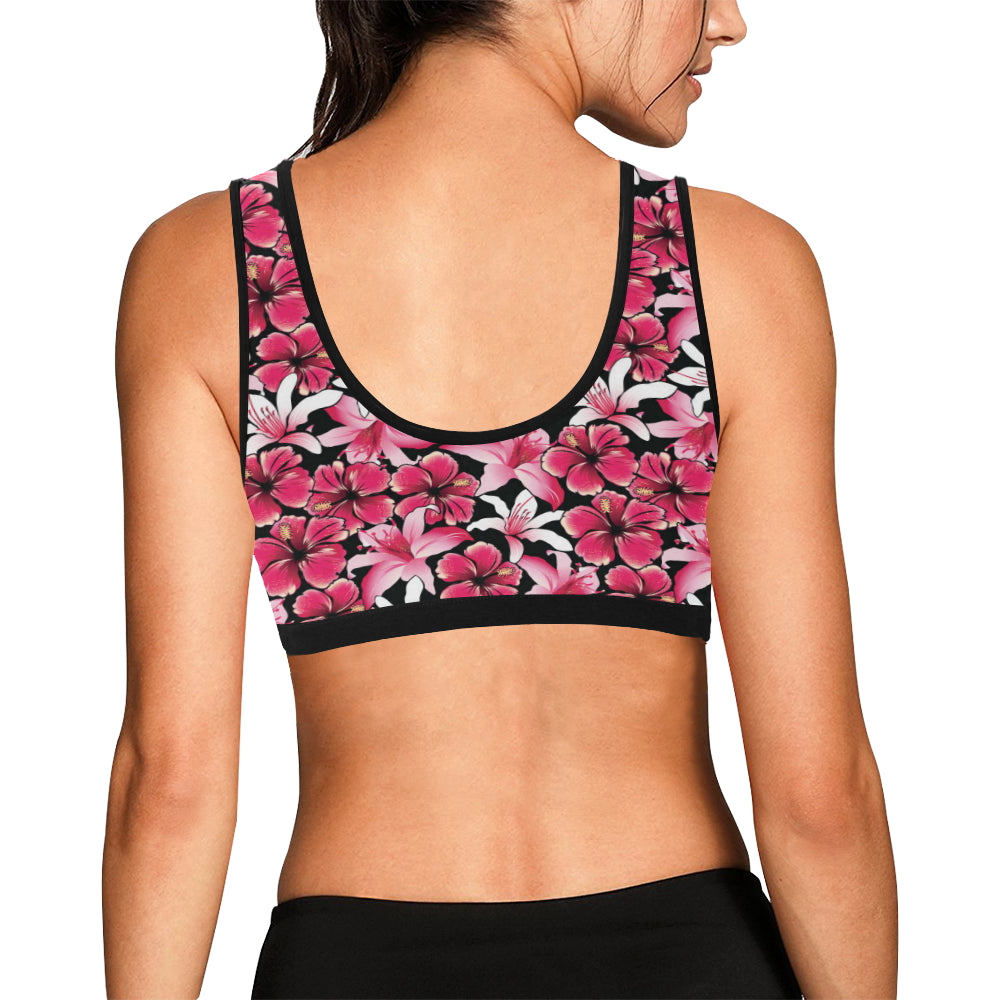 Flower Hawaiian Pink Red Hibiscus Print Sports Bra