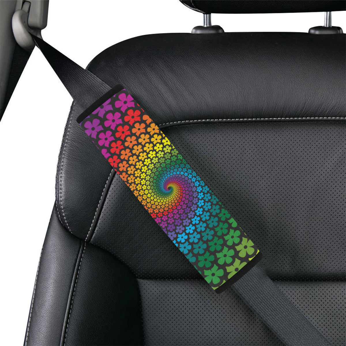 Flower Power Rainbow Spiral Print Car Seat Belt Cover