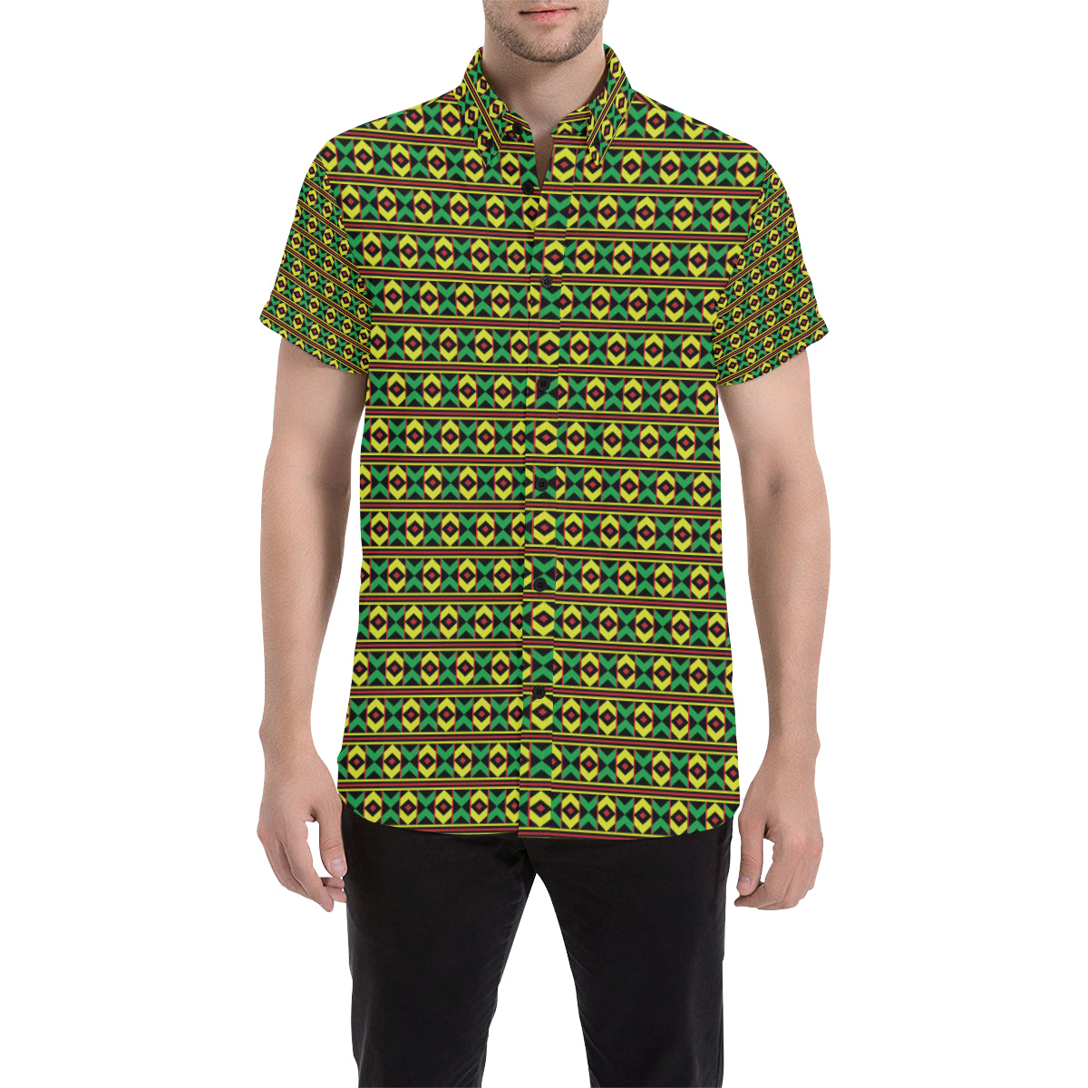 African Geometric Print Pattern Men's Short Sleeve Button Up Shirt