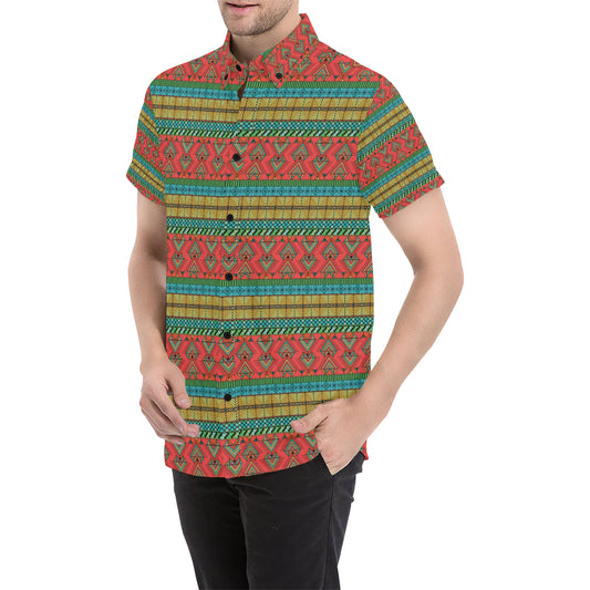 African Colorful Zigzag Print Pattern Men's Short Sleeve Button Up Shirt