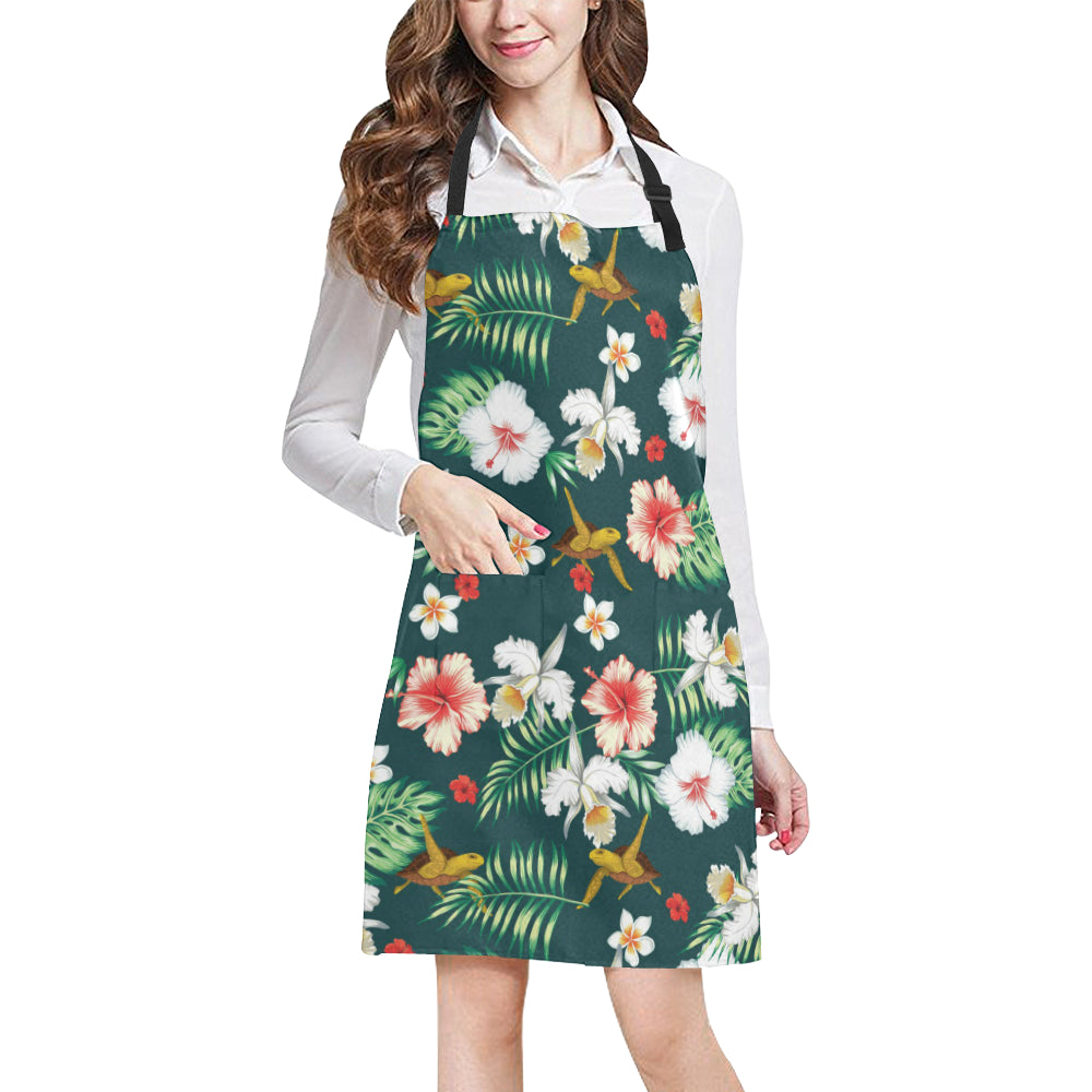 Hawaiian Flower Design with SeaTurtle Print Apron with Pocket