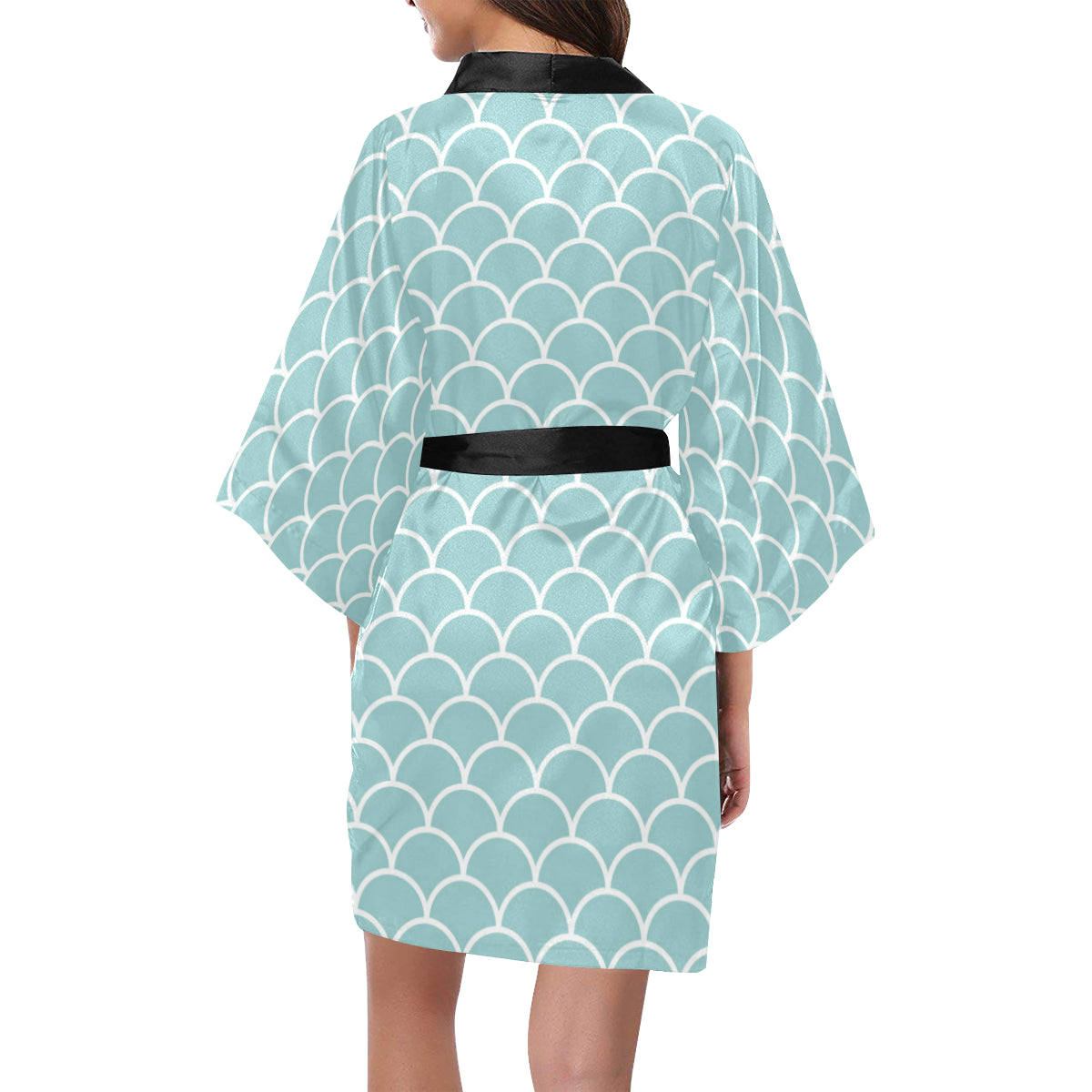 Scales Teal Pattern Print Design 02 Women's Short Kimono