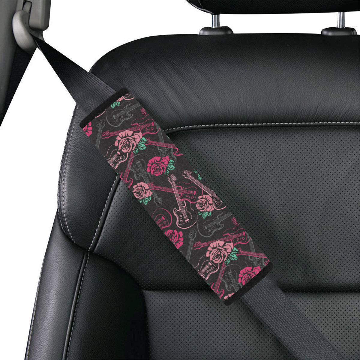 Bass Guitar Pink Rose Pattern Print Design 01 Car Seat Belt Cover