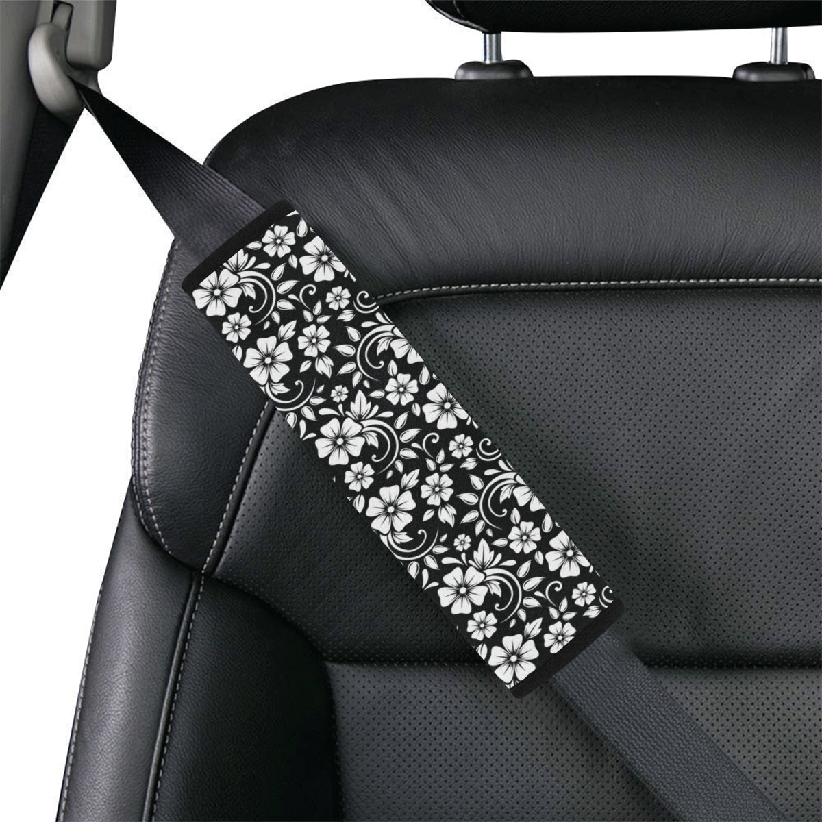 Floral Black White Themed Print Car Seat Belt Cover