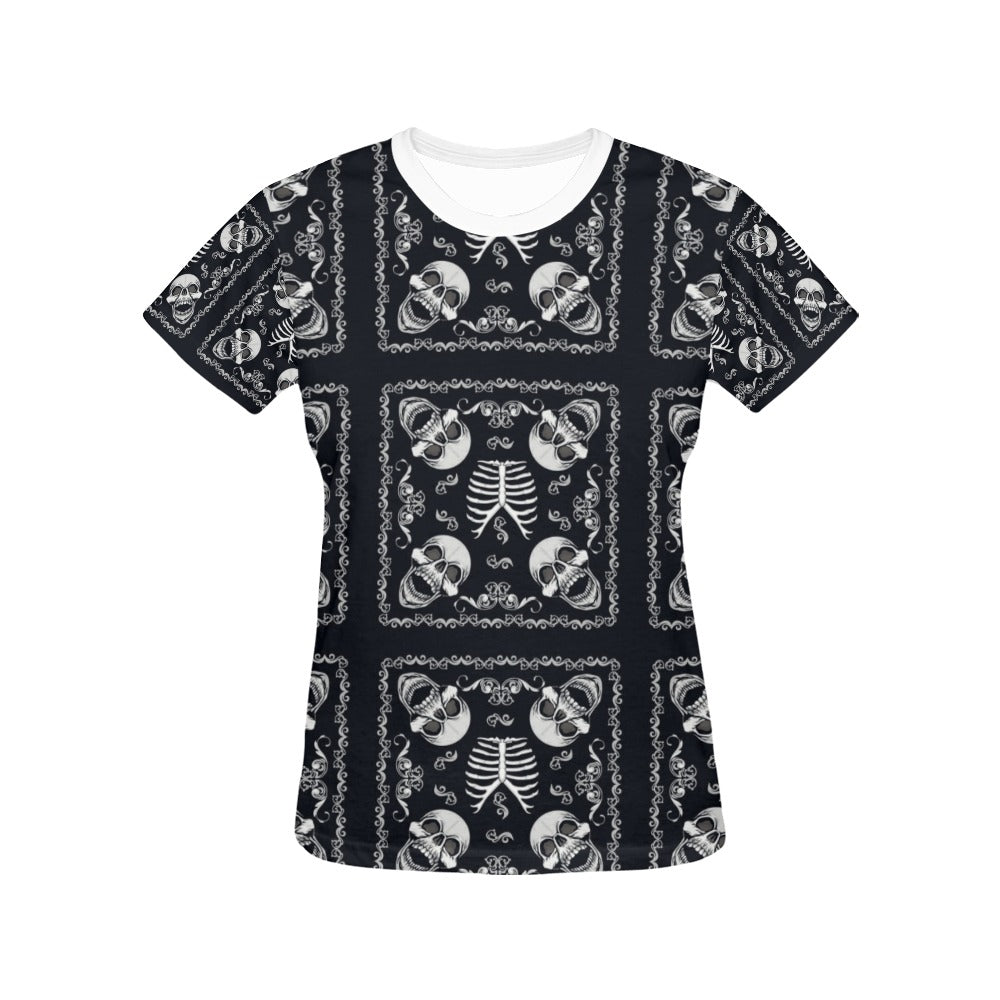 Bandana Skull Black White Print Design LKS306 Women's  T-shirt