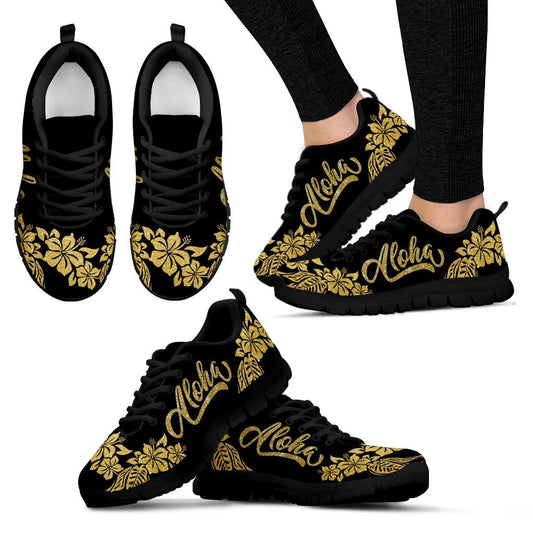 Aloha Hawaii Gold Glitter Black Women Sneakers