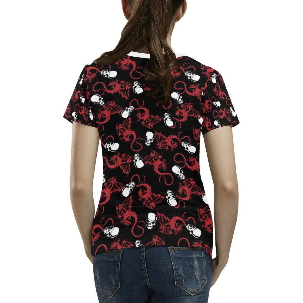 Skull With Red Dragon Print Design LKS304 Women's T-shirt