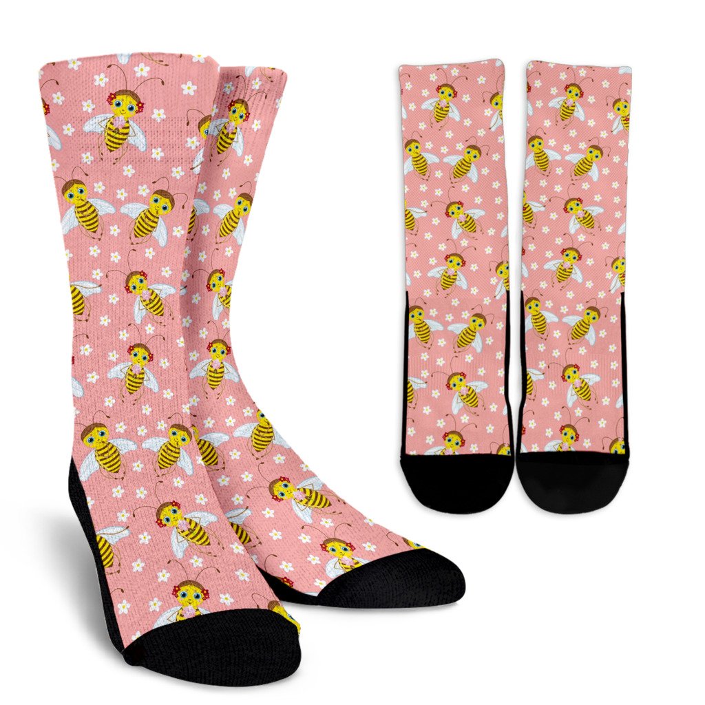 Bee Pattern Print Design BEE07 Crew Socks-JORJUNE.COM