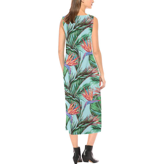 Bird Of Paradise Pattern Print Design BOP01 Sleeveless Open Fork Long Dress