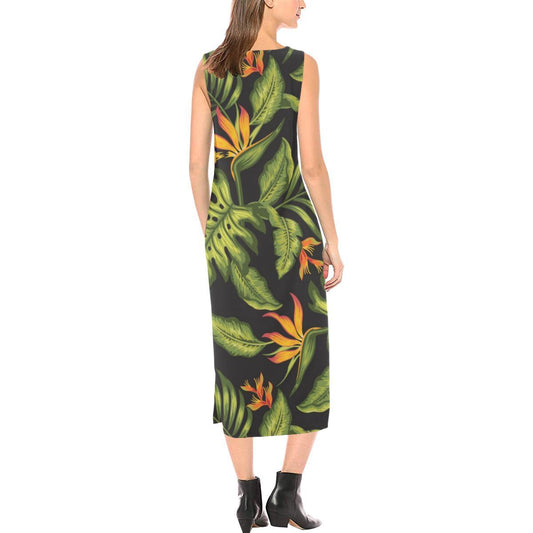Bird Of Paradise Pattern Print Design BOP013 Sleeveless Open Fork Long Dress