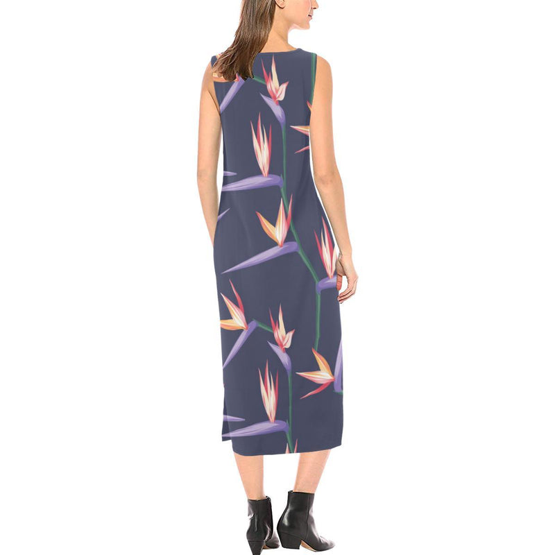 Bird Of Paradise Pattern Print Design BOP015 Sleeveless Open Fork Long Dress